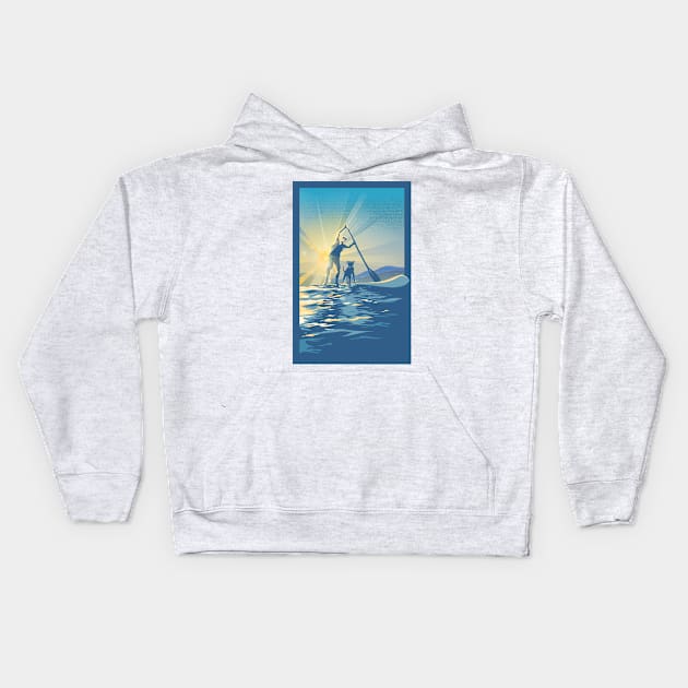 sunset paddle boarder and dog Kids Hoodie by SFDesignstudio